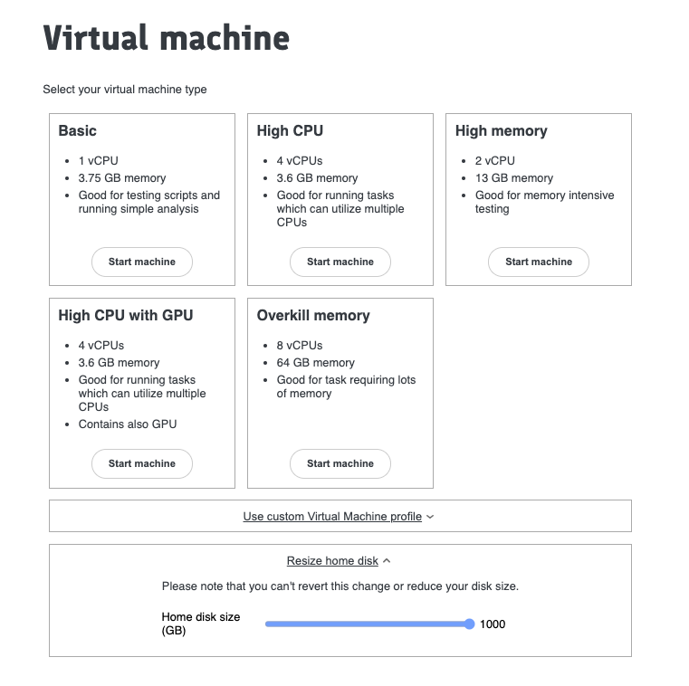 The virtual machine page's 'Resize home disk' slider