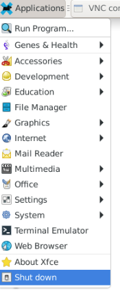 The 'Shut down' option in the<br />'Applications' menu of the TRE